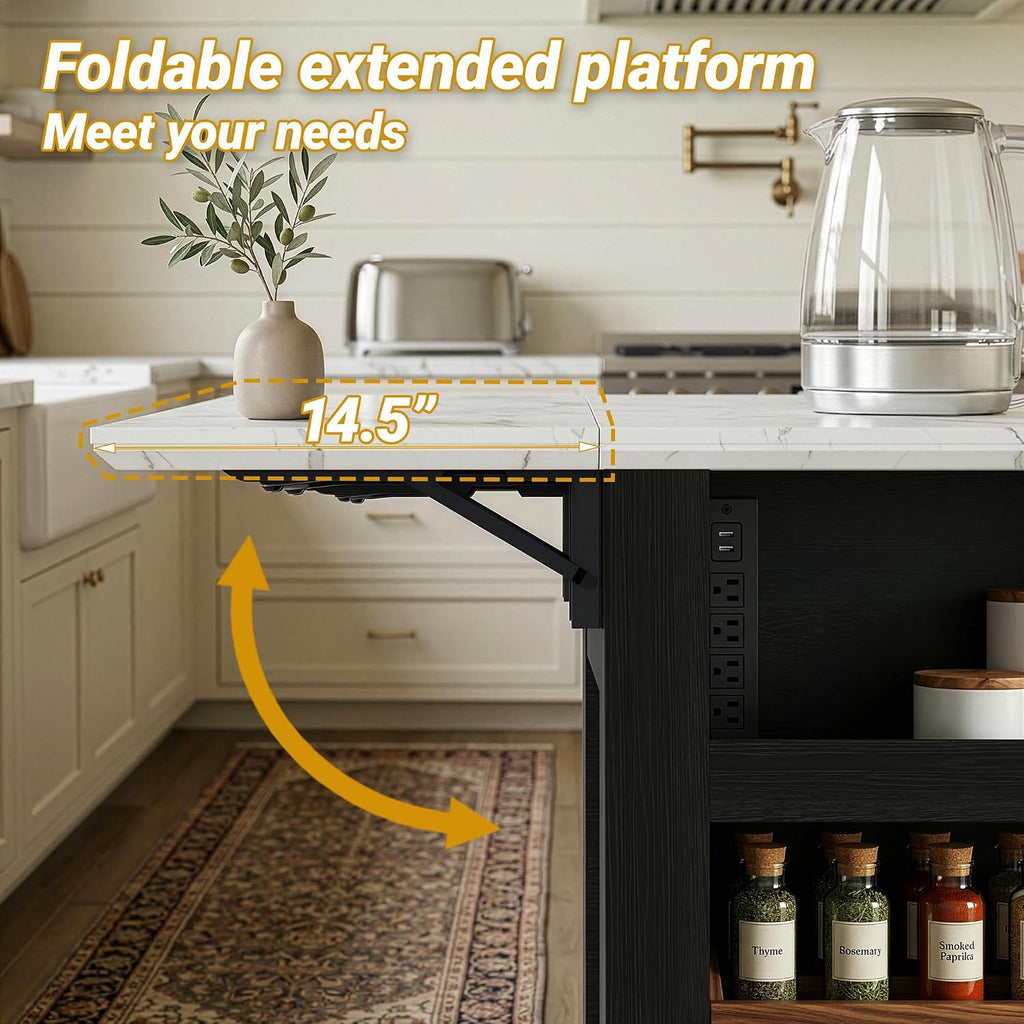 Black Kitchen Island with Folding Marble Top & Power Outlet