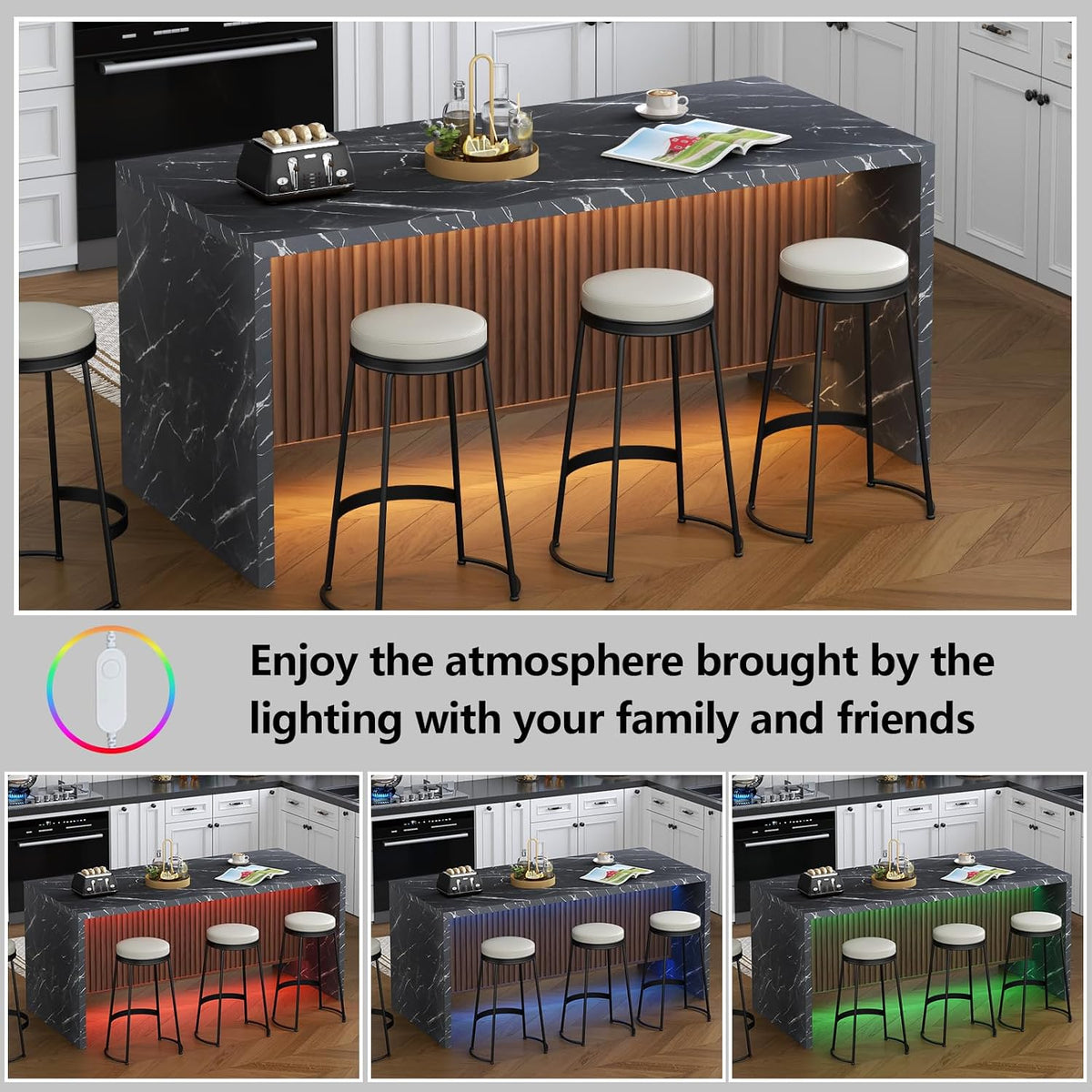 Black LED Marble Pattern Dining Table 71 Inch