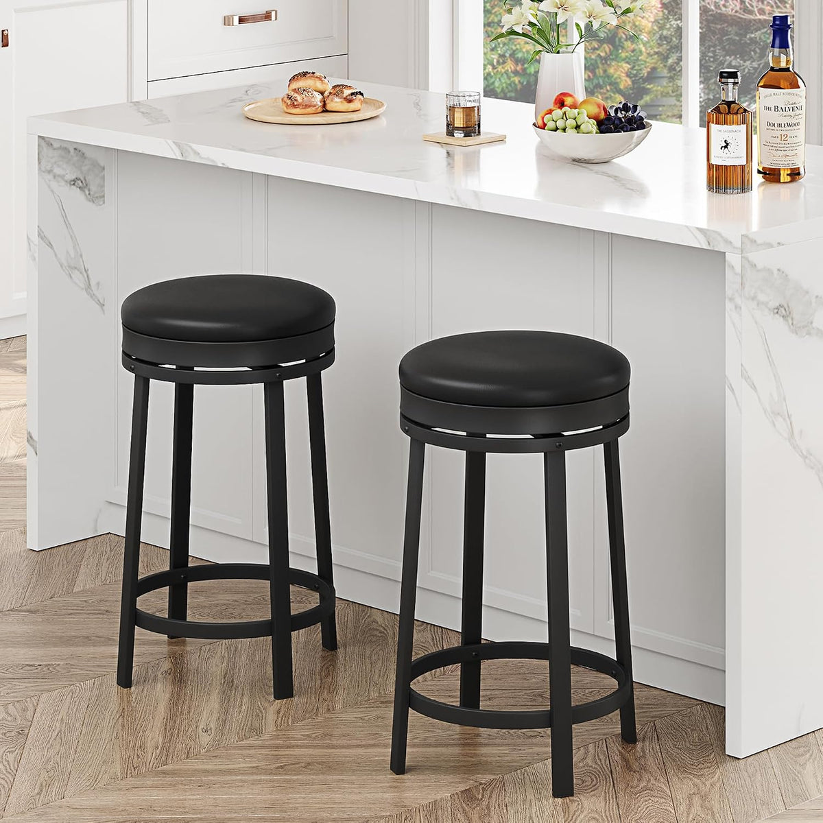 Black PU Leather Swivel Counter Stools Set of 2