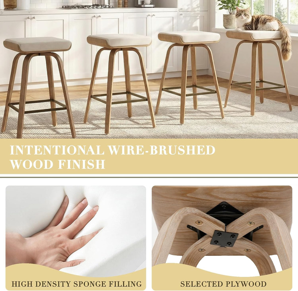 Beige Bentwood Swivel Counter Stools Set of 4