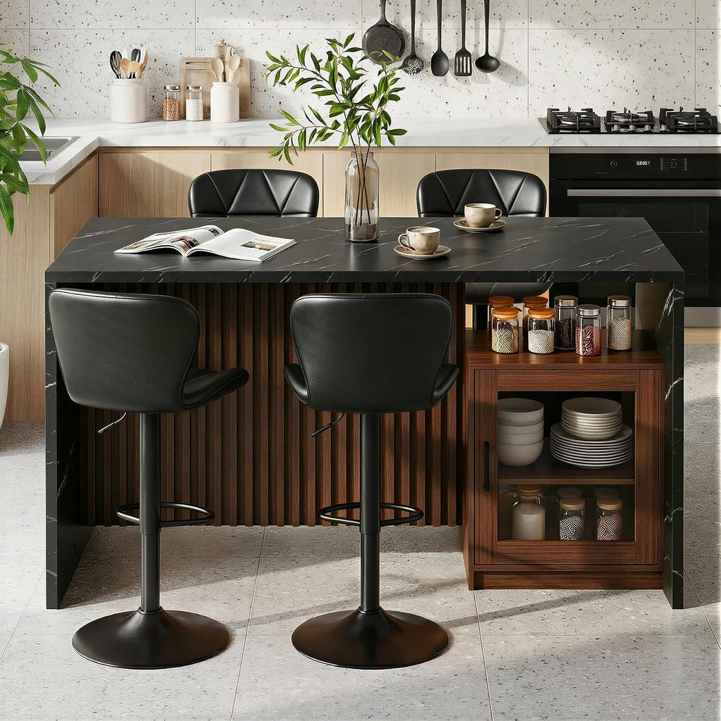 Black Fluted LED Marble Kitchen Island Table For 4