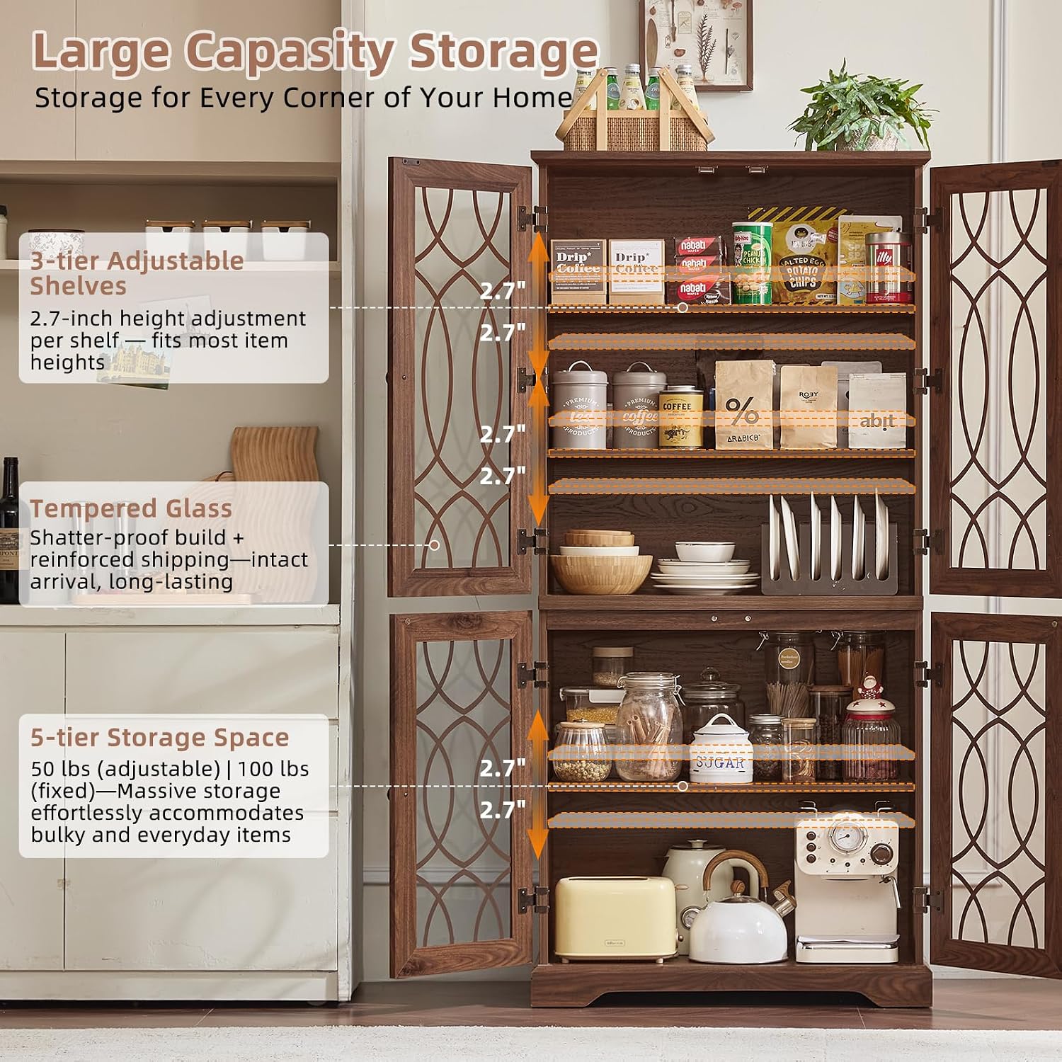 Brown Vintage Glass Door Pantry Cabinet 67"
