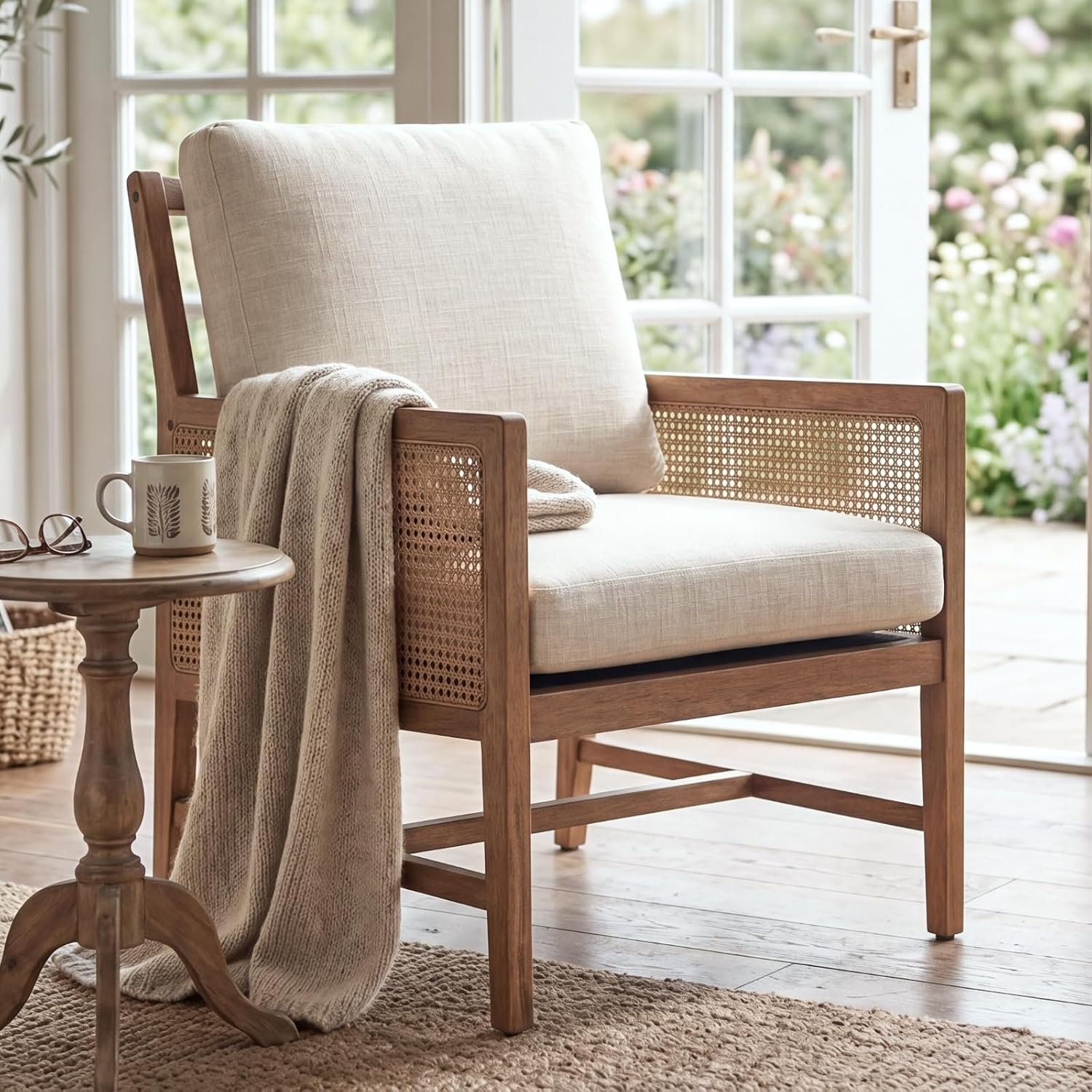 Beige Rattan Mid-Century Accent Chair