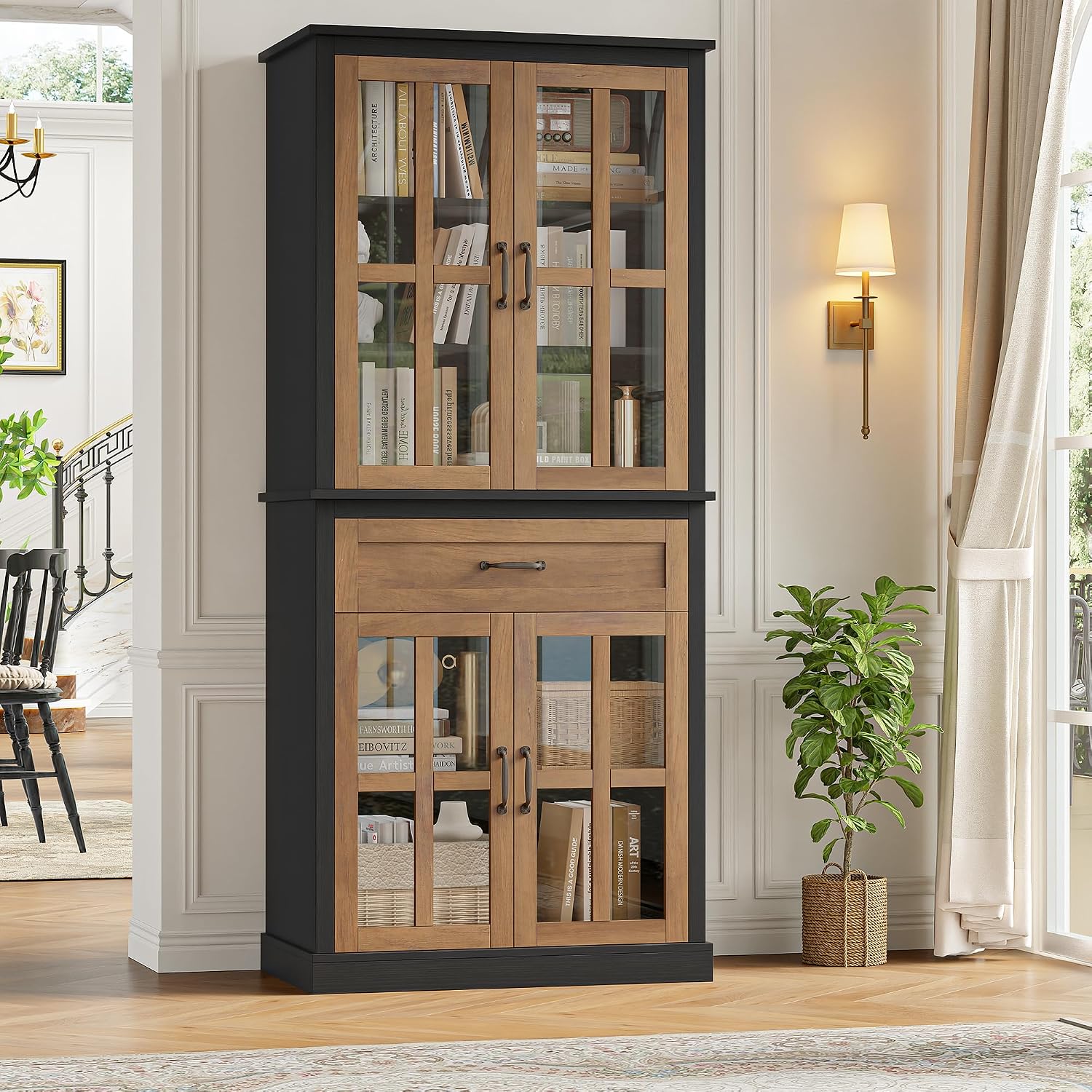 Natural Glass Door Tall Kitchen Pantry Cabinet