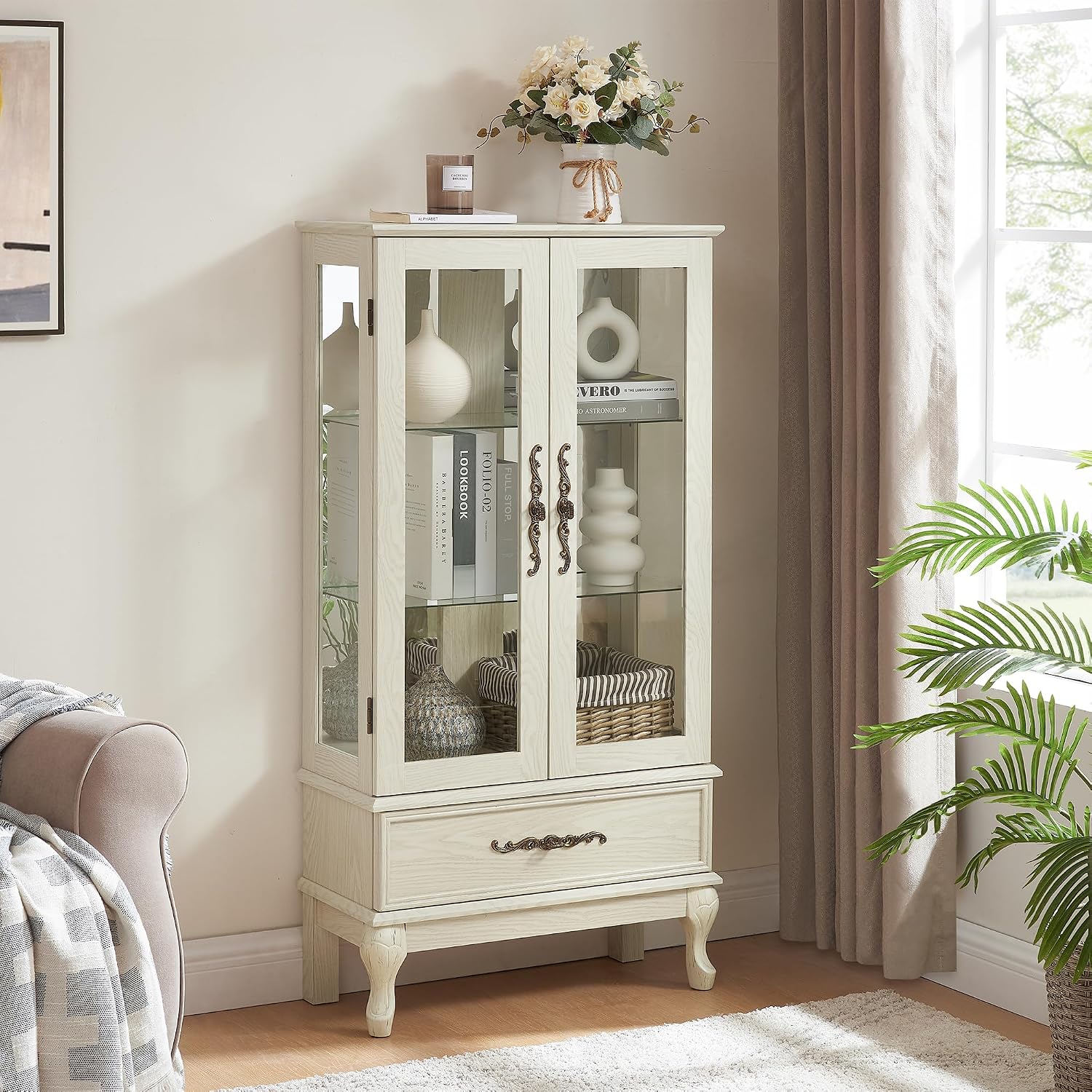 Antique White Lighted Glass Display Cabinet