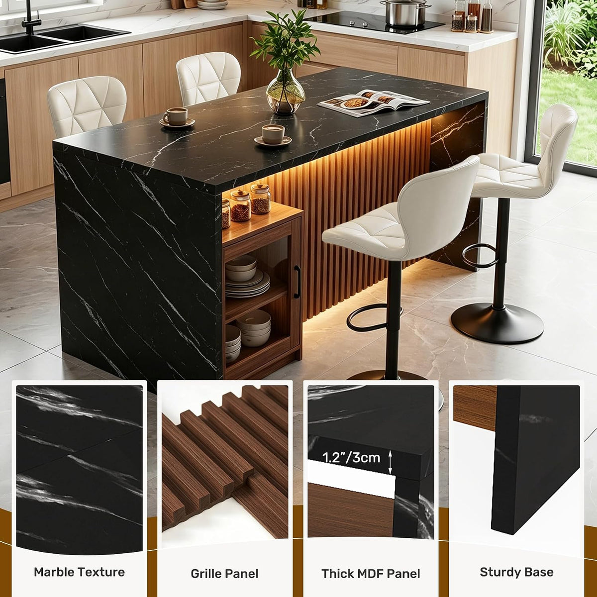 Black Fluted LED Marble Kitchen Island Table For 4