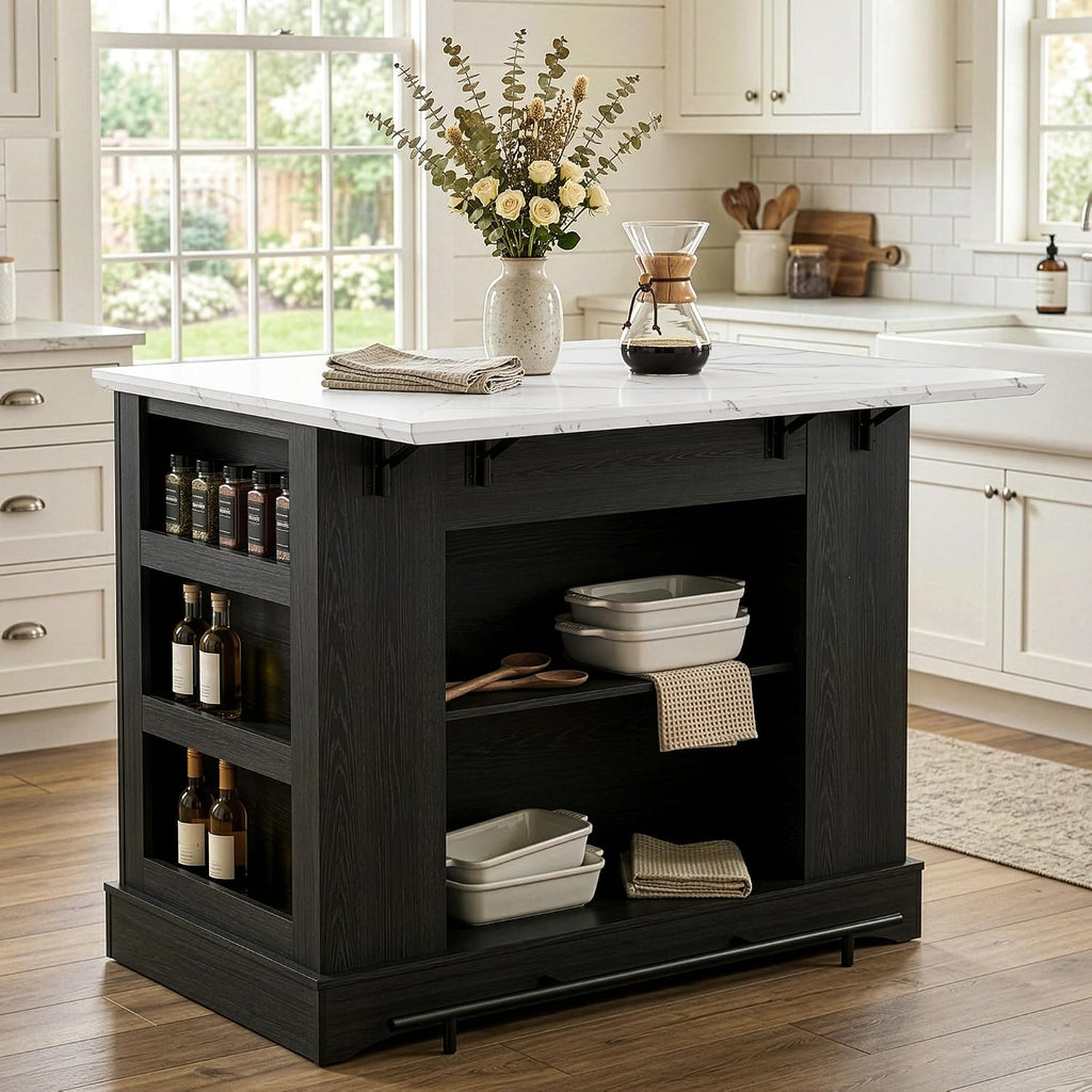 Black Kitchen Island with Folding Marble Top & Power Outlet