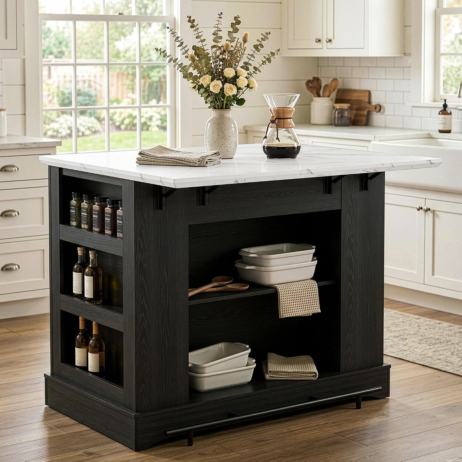 Black Kitchen Island with Folding Marble Top & Power Outlet