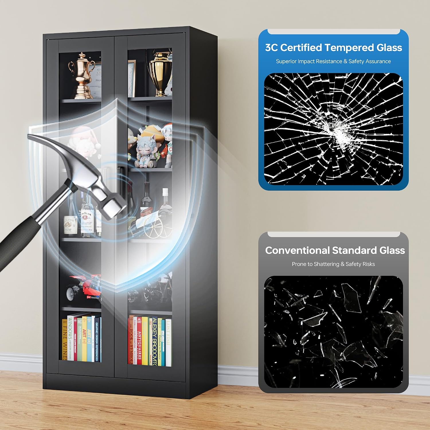 Black Lockable Metal Glass Display Cabinet