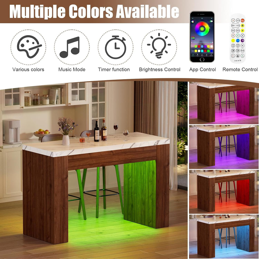 Wood Base RGB LED Faux Marble Bar Table 55 Inch