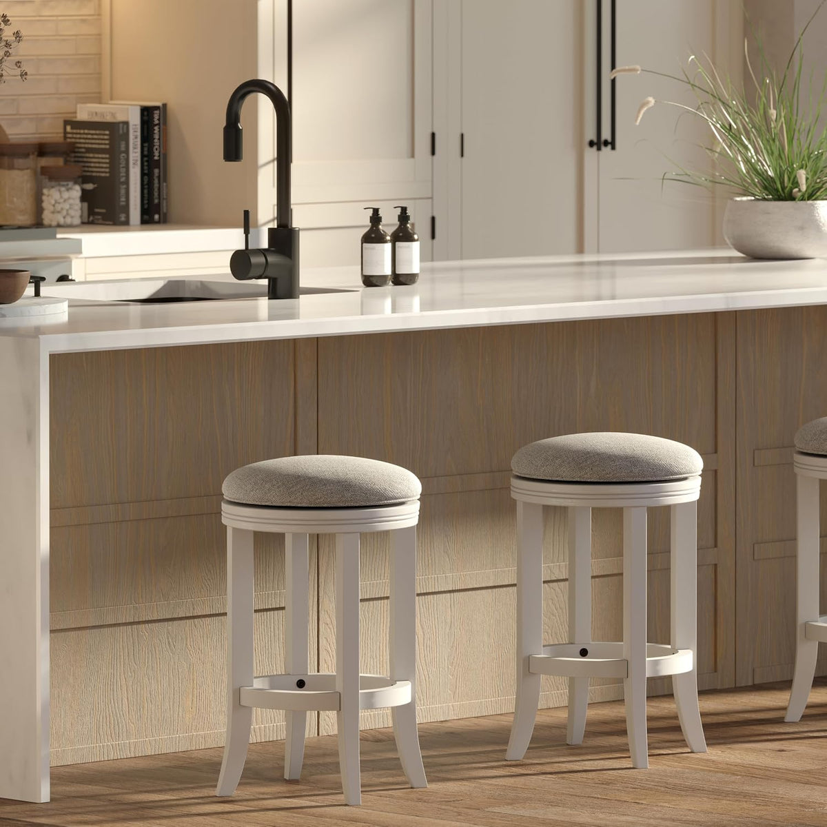 White Wood Gray Cushion Swivel Counter Stools Set of 2