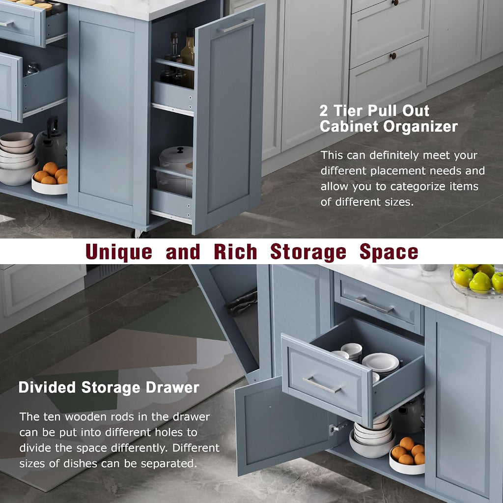 Marble Top Rolling Kitchen Island with Drop Leaf Storage