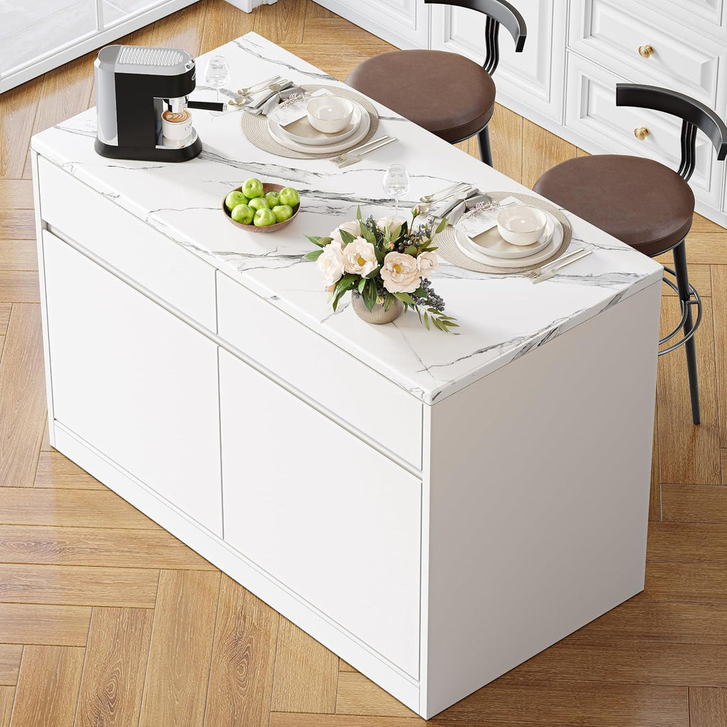 White Faux Marble Storage Kitchen Island 47.2 Inch