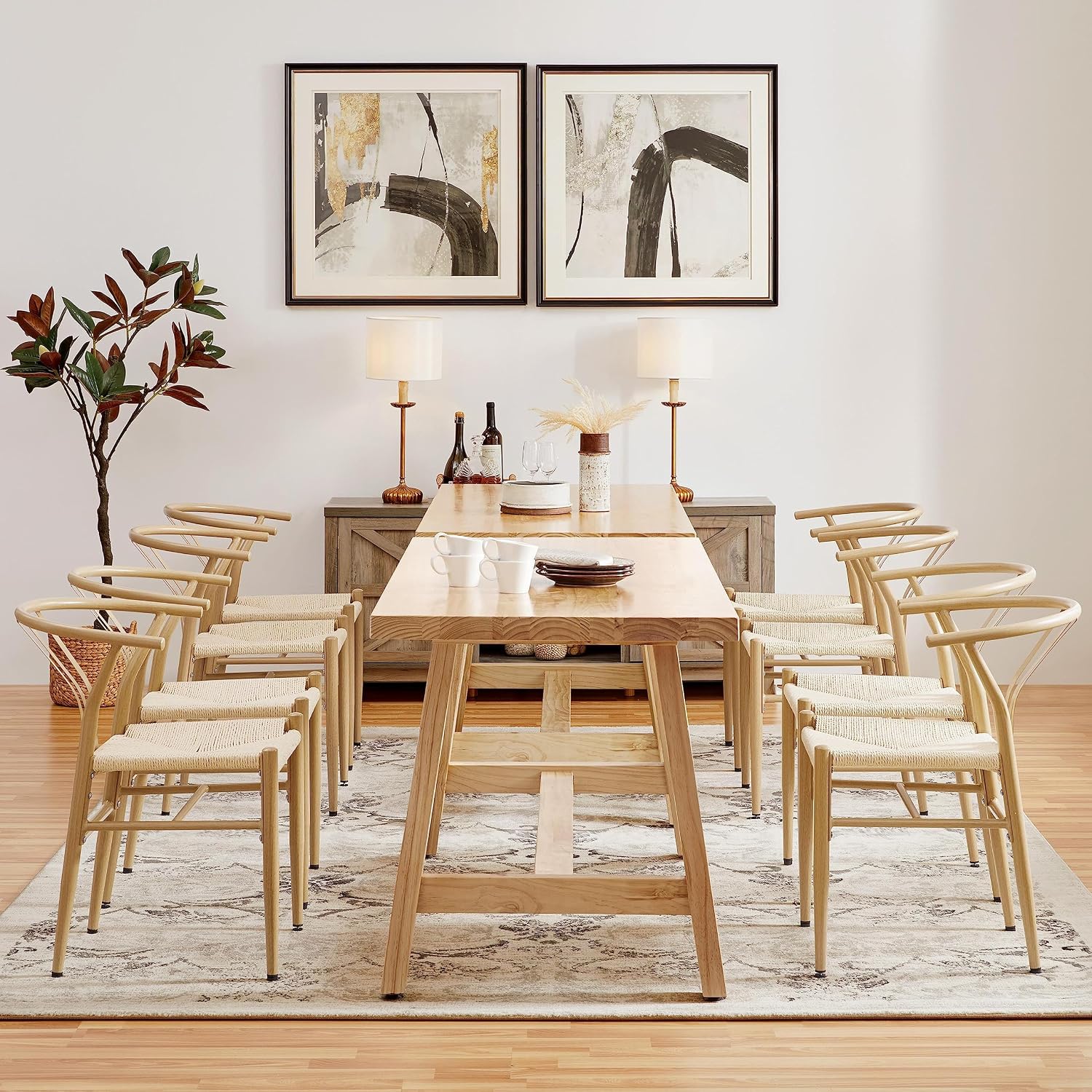 Wood Rattan Weave Dining Armchairs Set of 2