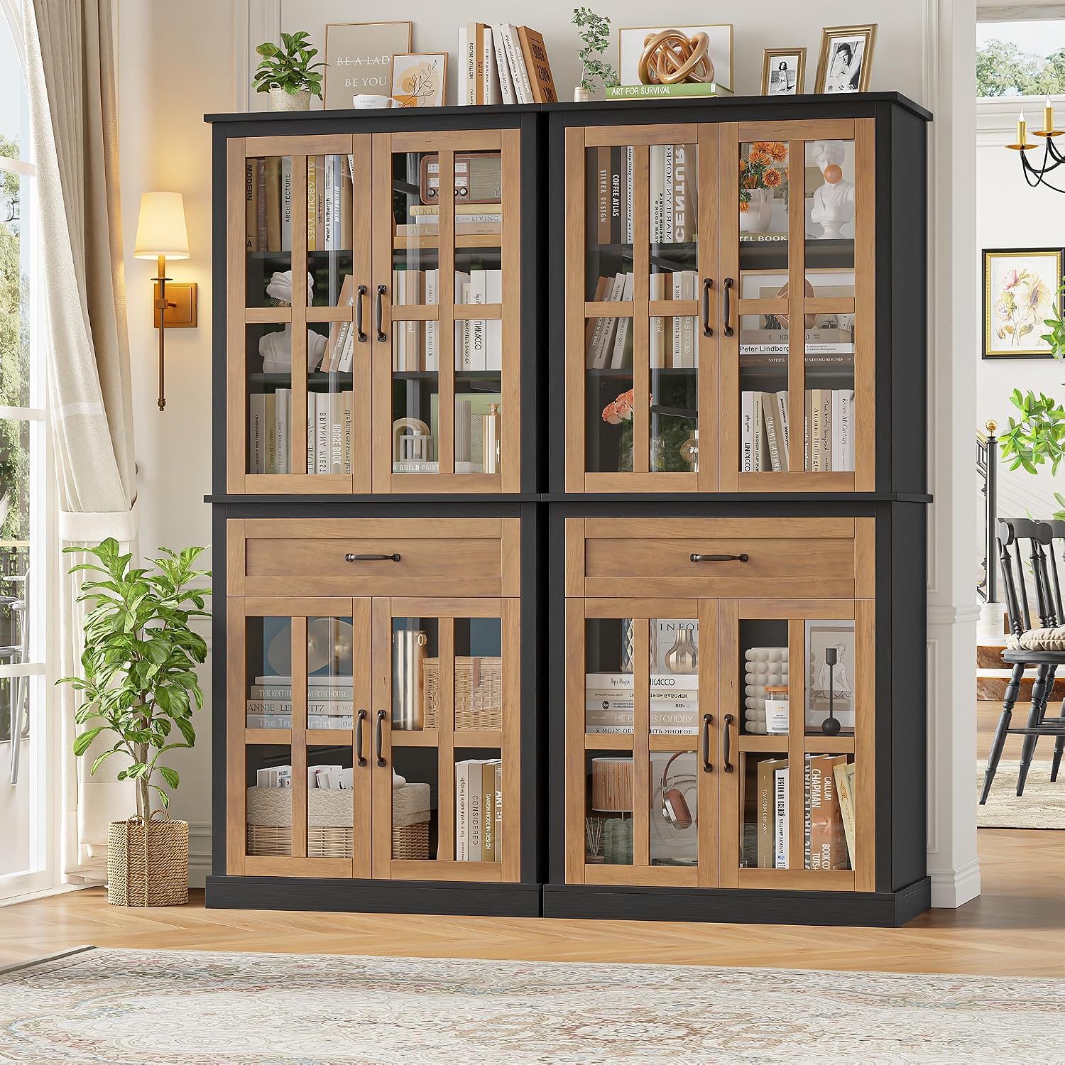 Natural Glass Door Tall Kitchen Pantry Cabinet