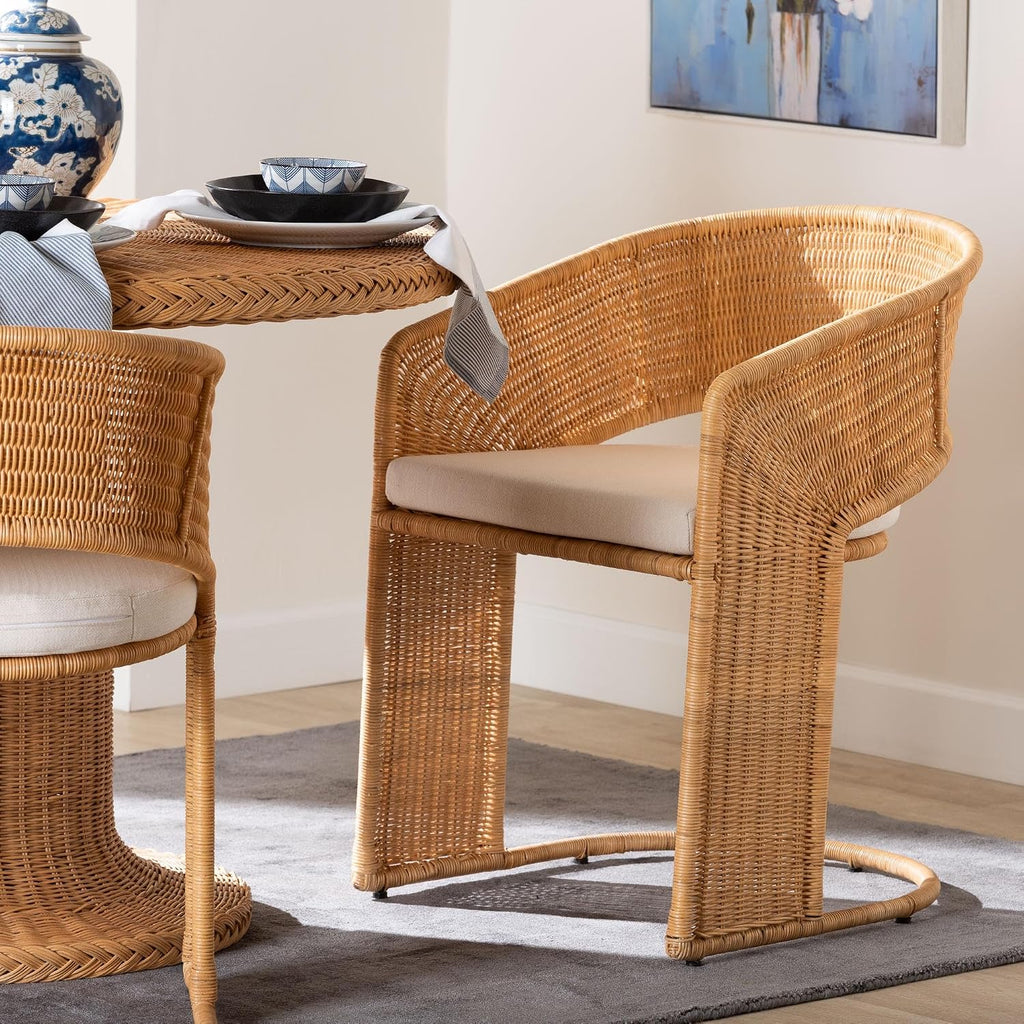 Natural Rattan Cushioned Metal Dining Chair